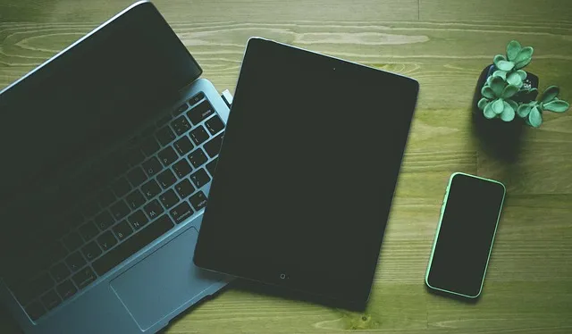 Laptop, iPad et iPhone avec une plante sur une table en bois